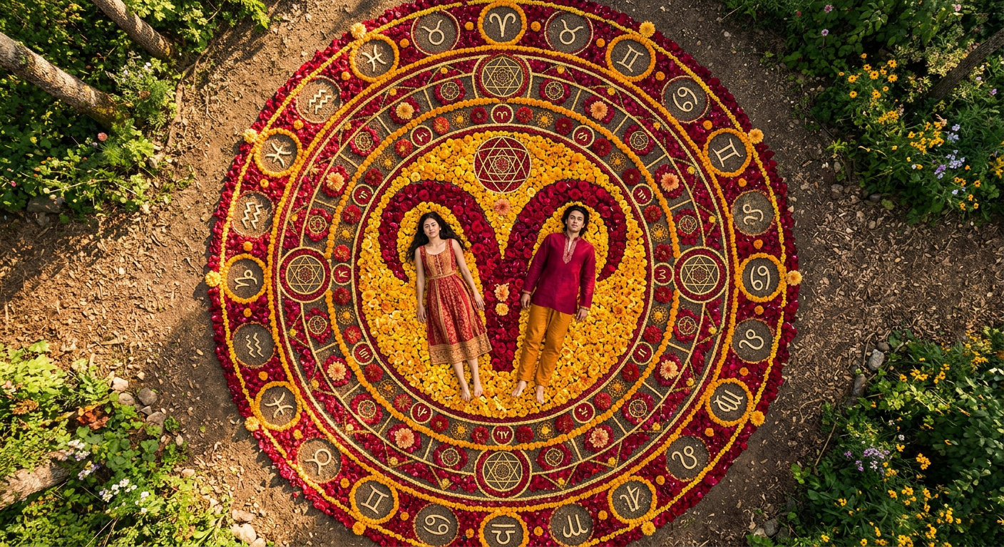 Aerial view of two people on Aries fire symbol mandala with Leo and Sagittarius geometric patterns