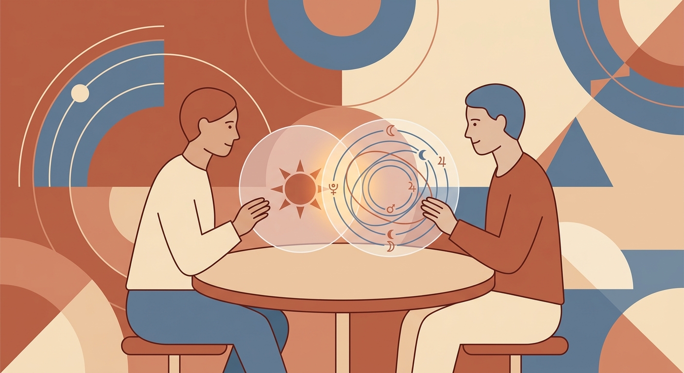 Two people comparing birth chart and synastry chart with Mars and Venus symbols overlapping