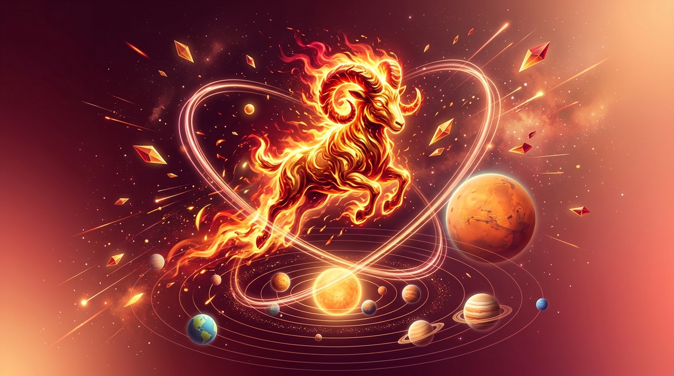 Aries Ram symbol surrounded by Mars energy and Fire element in glowing isometric 3D render
