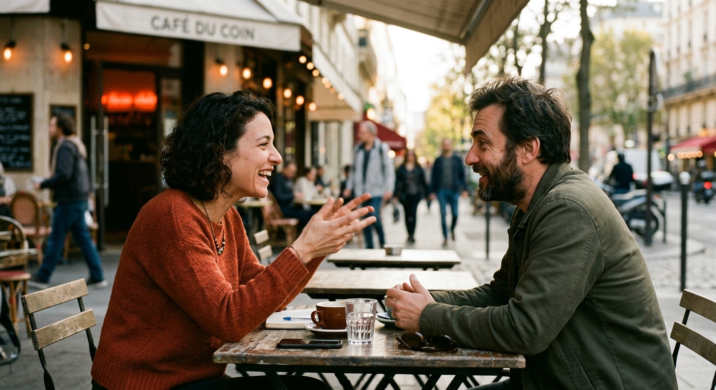 Two people in dynamic conversation, representing Aries Mars energy and zodiac compatibility