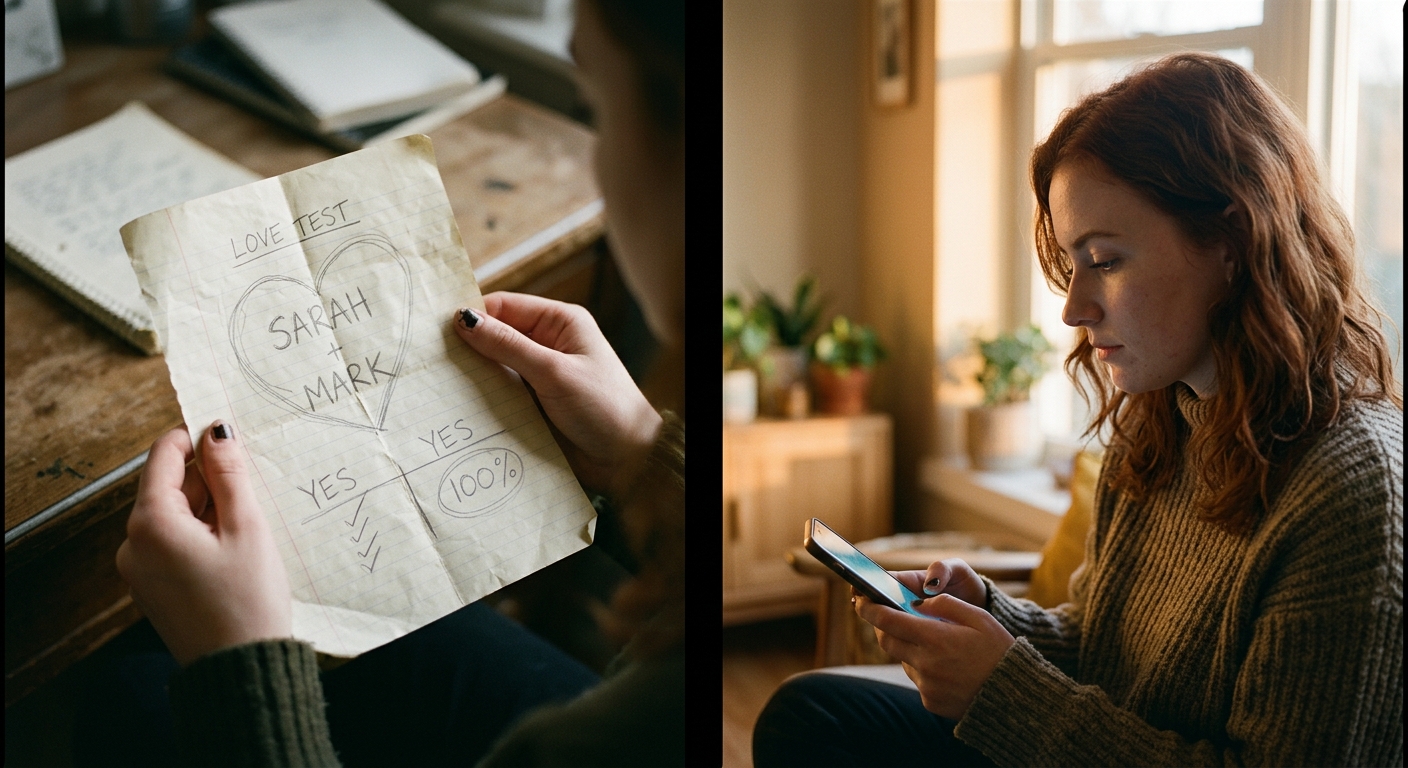 Person comparing paper love note to smartphone showing compatibility score history