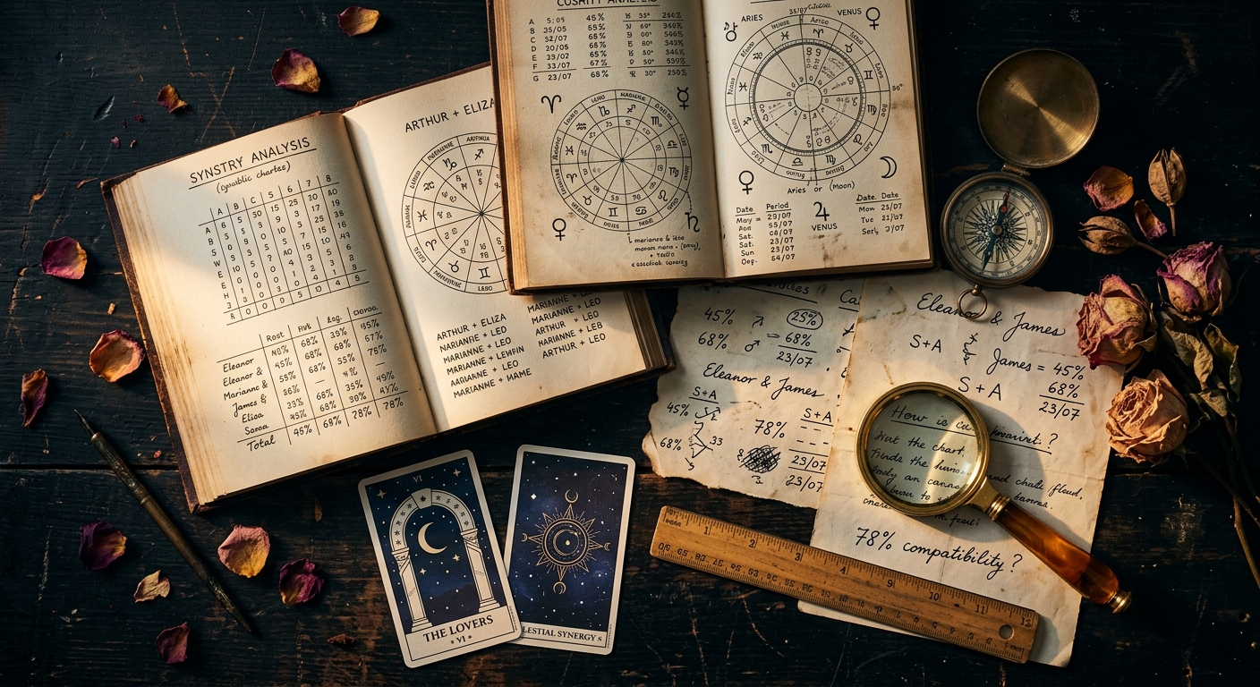 Overhead flat-lay of Love Calculator compatibility tools, numerology charts, and FLAMES cards