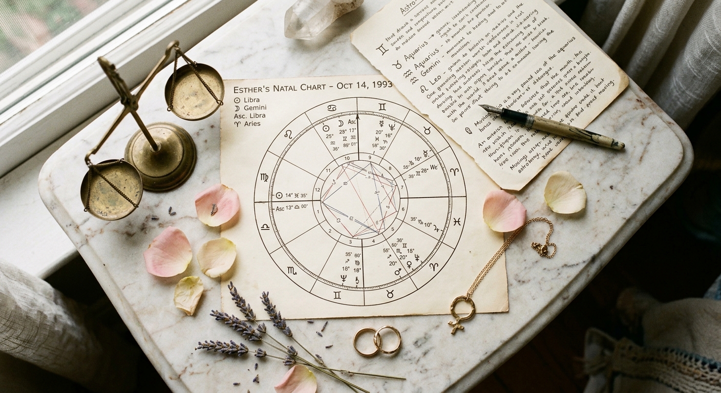 Overhead flat-lay of Libra astrology chart with Venus symbol, balance scale, and zodiac glyphs for Gemini and Leo