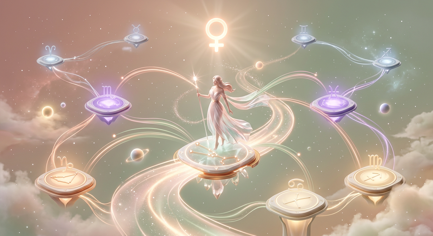 Taurus woman surrounded by orbiting zodiac signs and Venus energy in isometric 3D