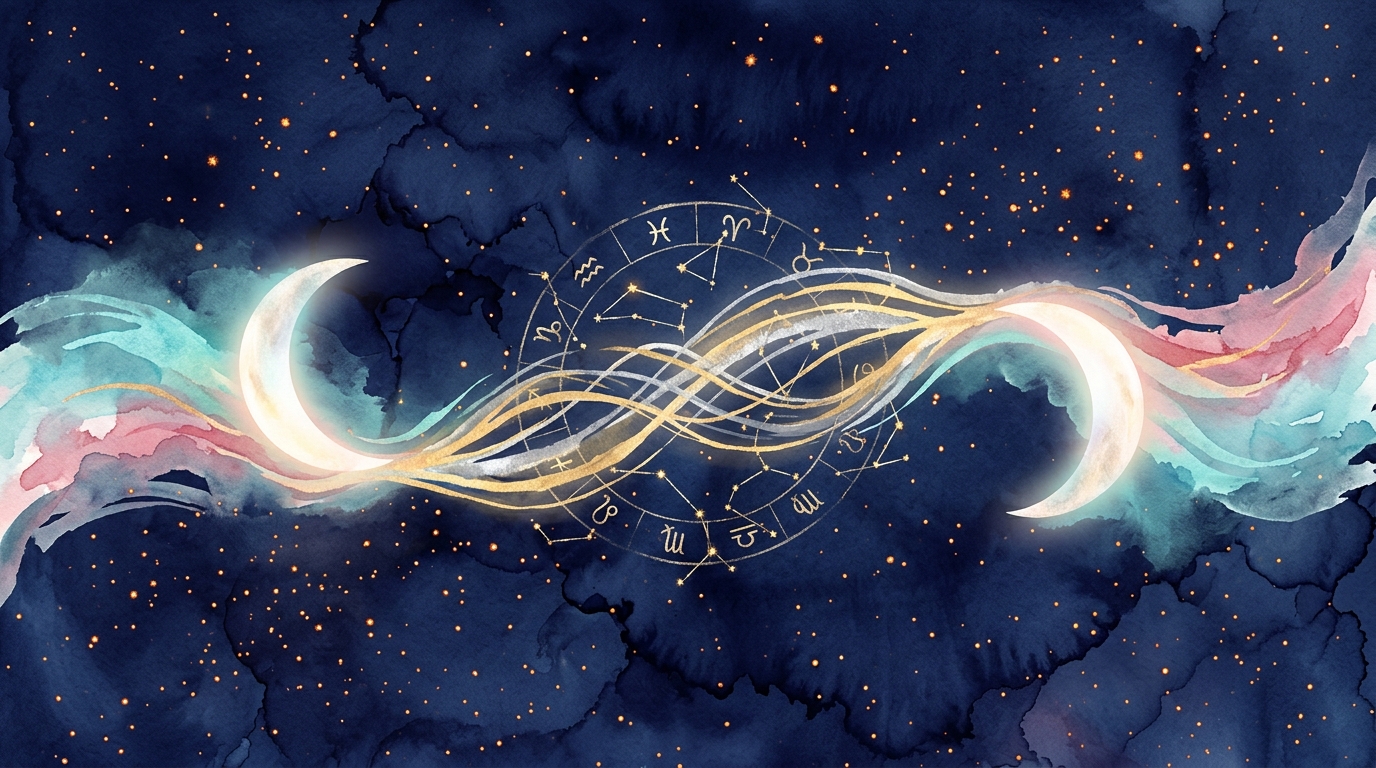 Two moons flowing together in watercolor synastry art — Love Calculator Moon sign compatibility