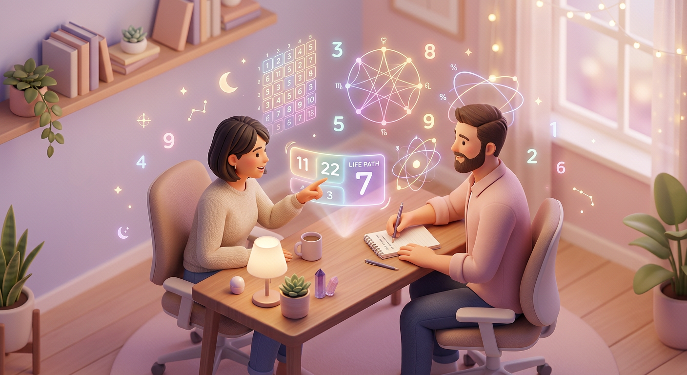 Couple exploring Life Path Number charts with a Numerology Calculator on a shared desk