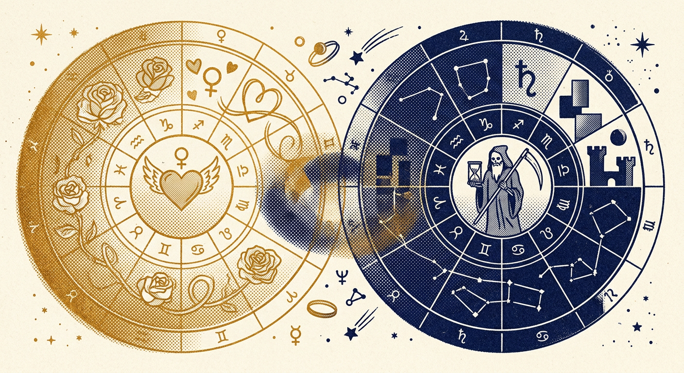 Composite Venus and Saturn astrology wheels in duotone halftone showing composite 7th house commitment