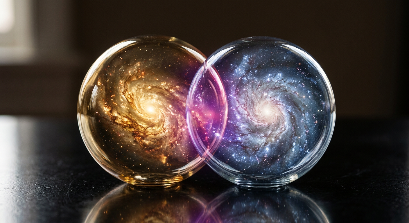 Two overlapping celestial spheres forming a third space, symbolizing synastry and composite chart relationship astrology