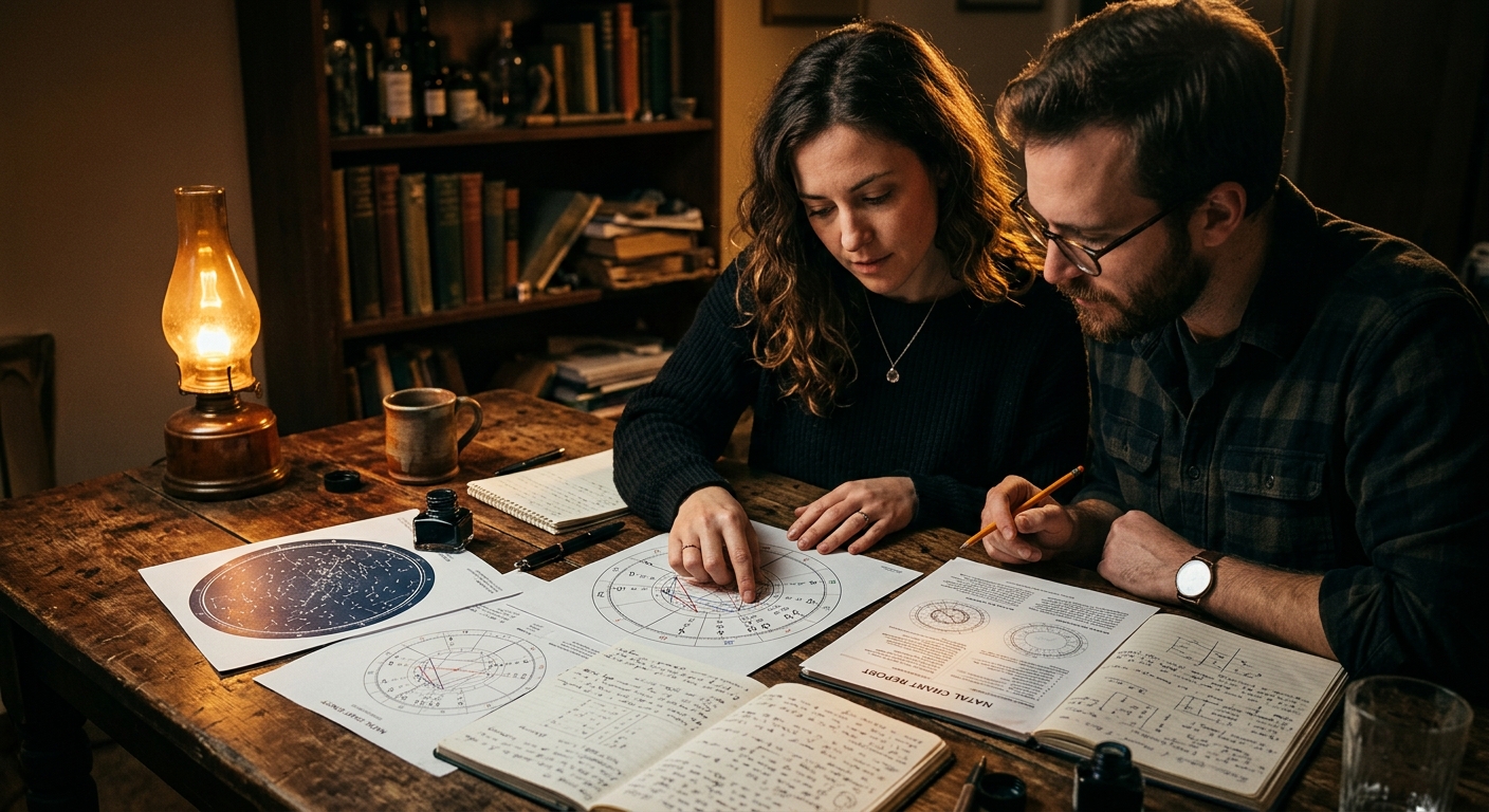 Two people studying a composite chart report with aspect tables and chart wheel