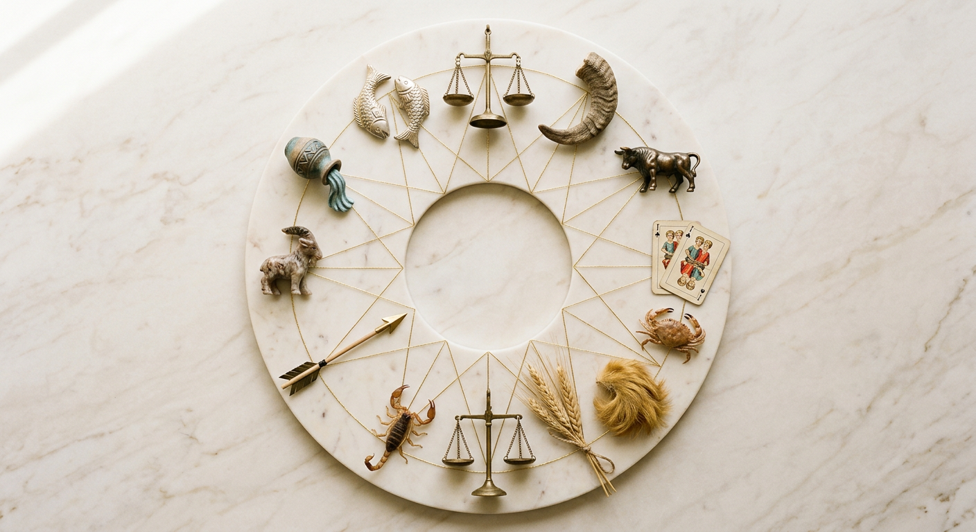 Overhead flat-lay of zodiac symbols in a circle with Libra scales at center, Venus and air element motifs