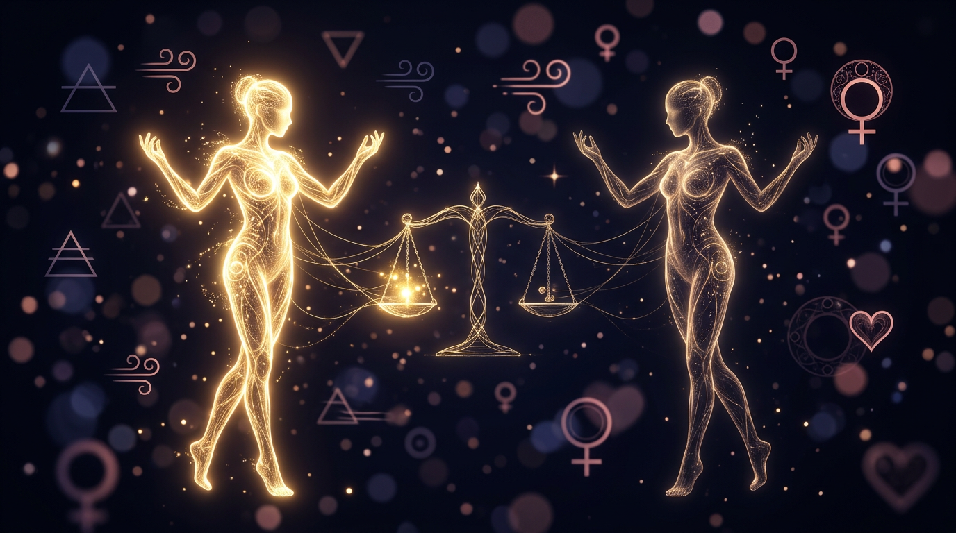 Two mirrored Libra figures connected by Venus light scales in dark cosmic space