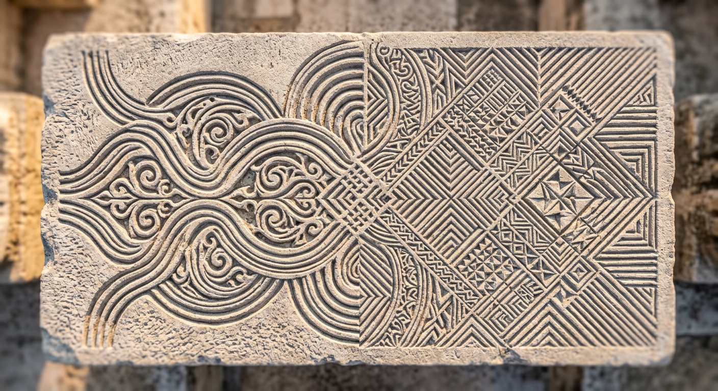 Aerial macro view of Libra and Virgo geometric stone patterns intersecting with Venus-inspired curves