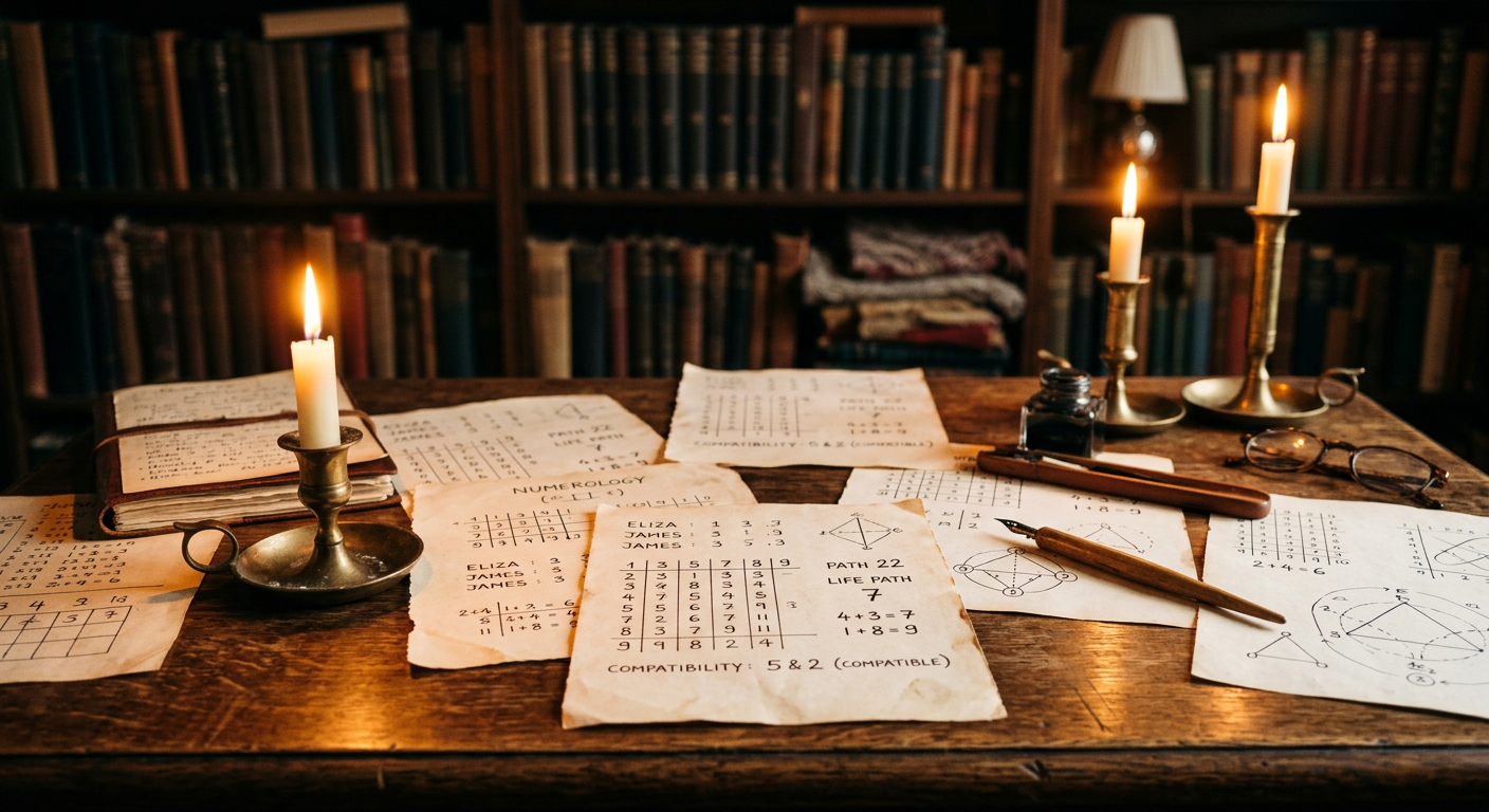 Handwritten numerology compatibility chart on aged paper with Life Path Numbers grid