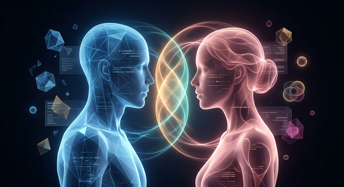 Two translucent human figures overlapping in neon light — Love Calculator compatibility research visualization