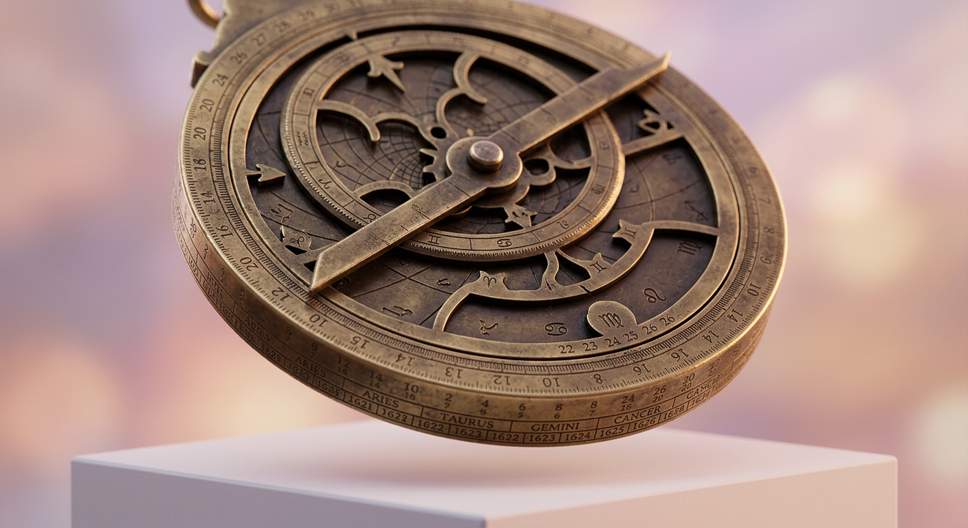 Macro close-up of antique astrolabe showing birthdate compatibility numerology and life path number engravings