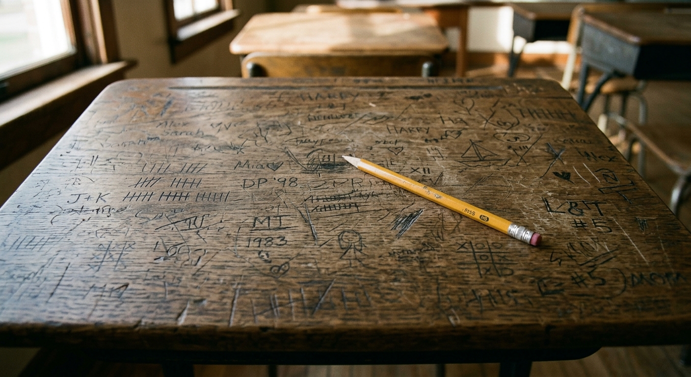 Worn school desk surface with faint pencil marks suggesting generations of magazine compatibility quizzes and playground love tests