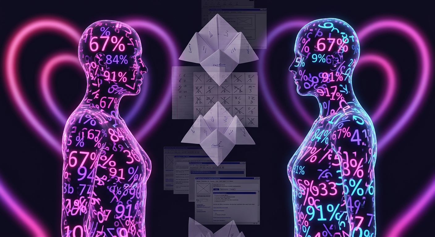 Translucent human silhouettes with neon compatibility percentage numbers and FLAMES game letter grids overlapping