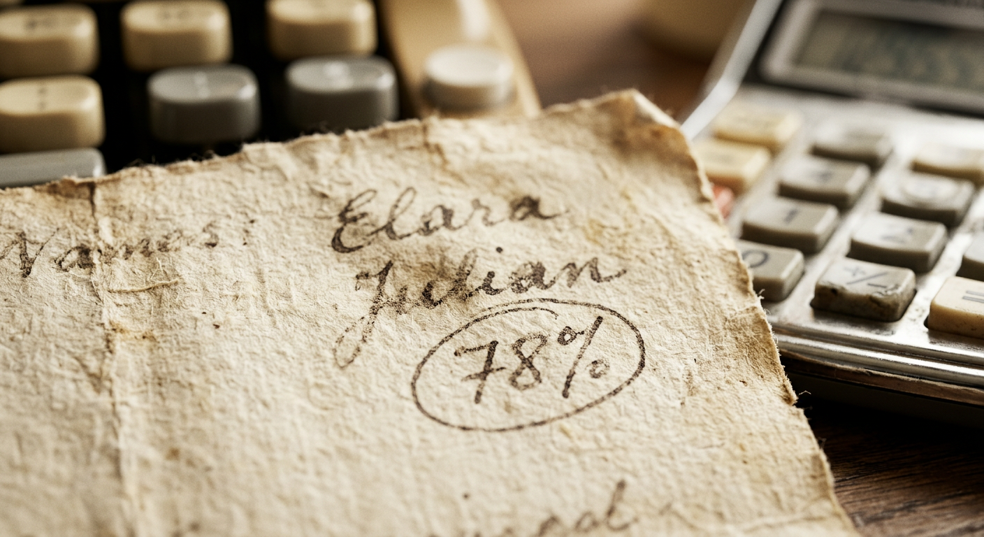 Macro close-up of handwritten love percentage scoring on aged paper with shallow depth of field