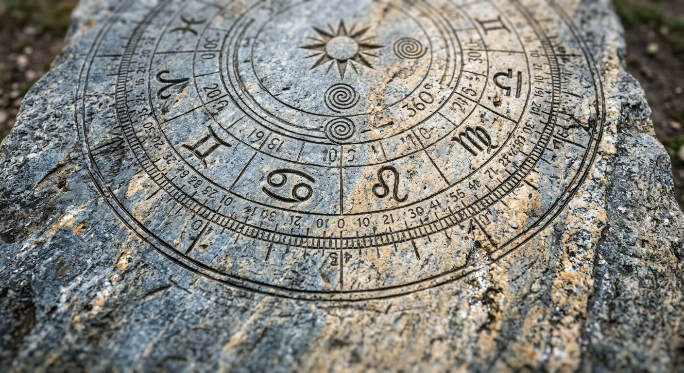 Aerial macro view of a stone natal chart with zodiac glyphs and ephemeris degree markings