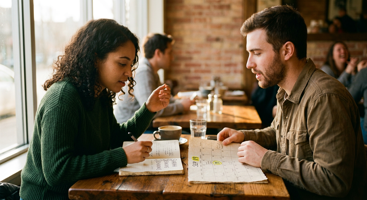 Two people comparing name numerology and life path numerology compatibility notes at a table