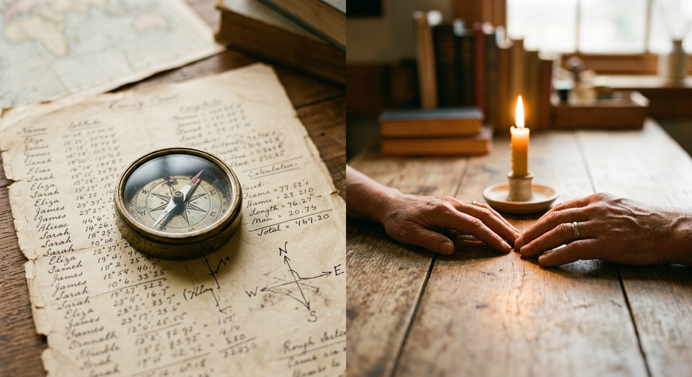 Compass beside handwritten numerology numbers contrasted with two hands reaching toward each other