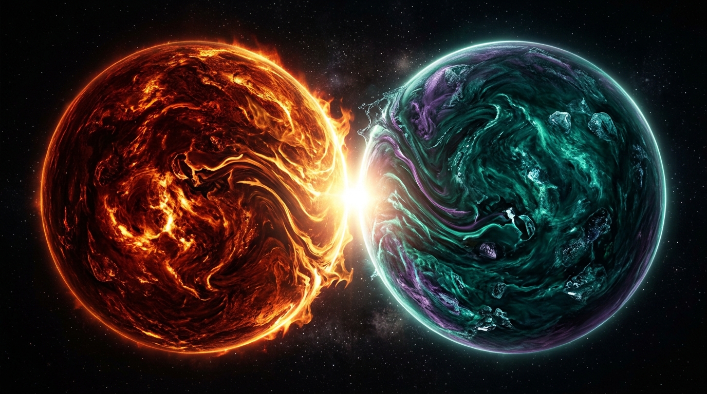 Scorpio water sign and Aries fire sign as dual orbs orbiting Mars in deep space
