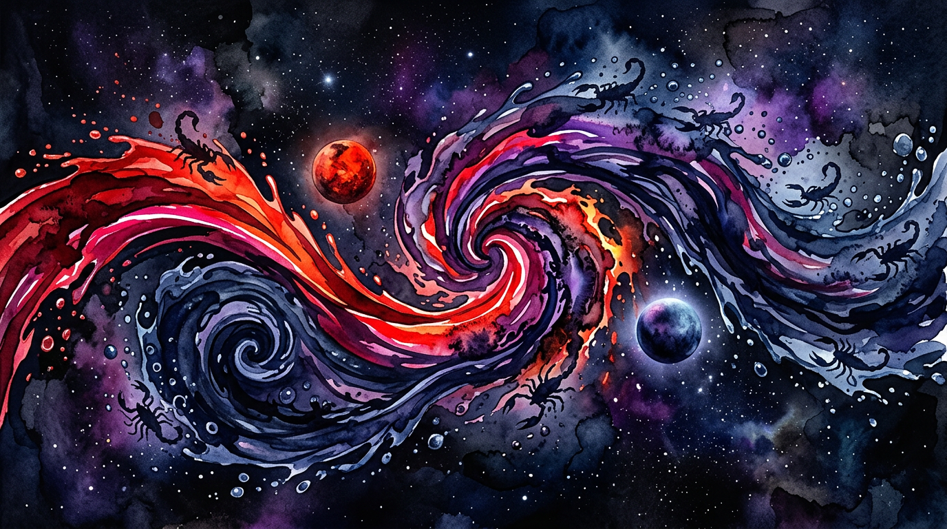 Scorpio water sign energy flowing with Pluto and Mars dual rulership in watercolor art