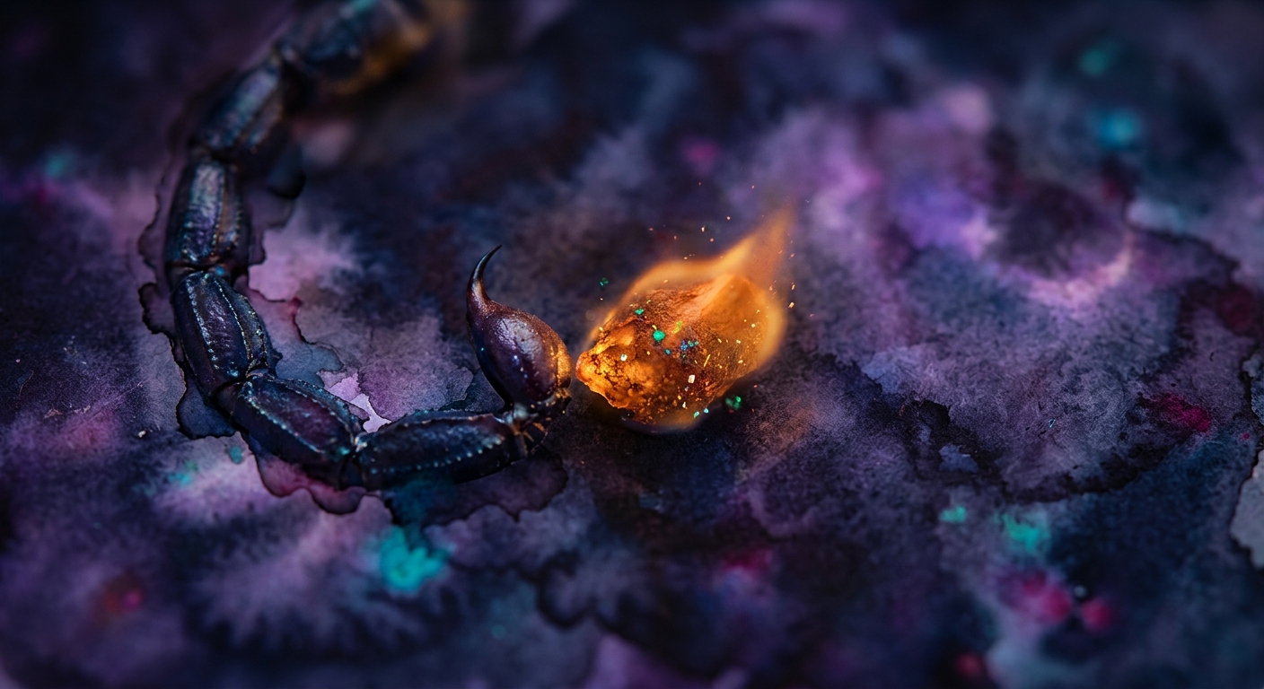 Macro watercolor art of Scorpio and Sagittarius symbols as water and fire elements meeting