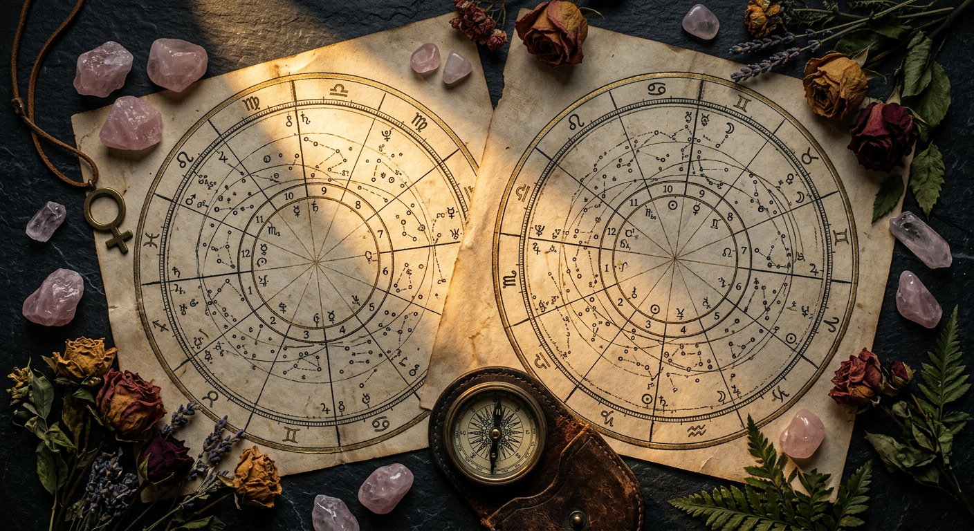 Two overlapping Taurus synastry birth charts with Venus symbol and rose quartz crystals