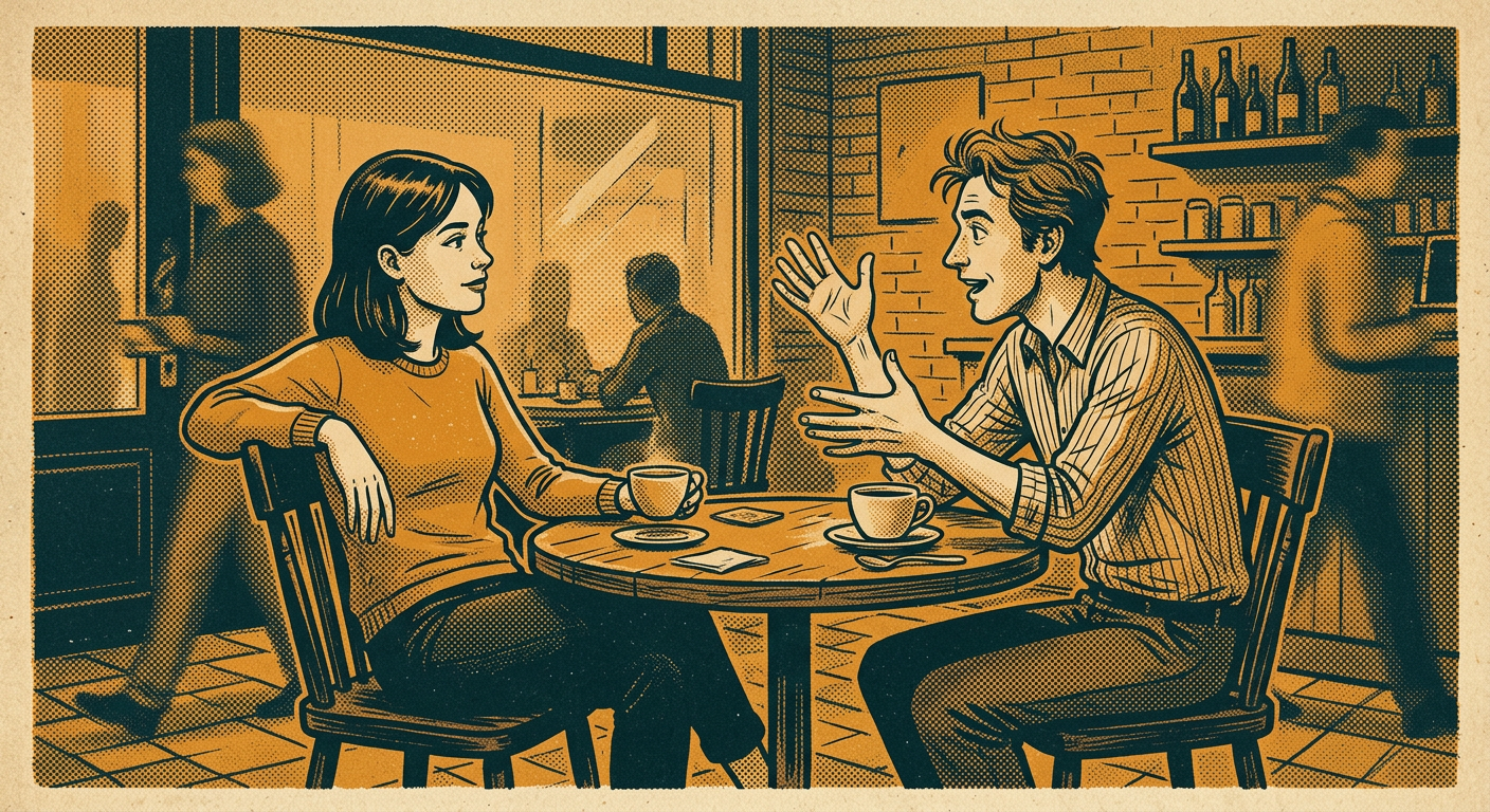 Taurus earth sign and Gemini air sign couple with contrasting energy at cafe table