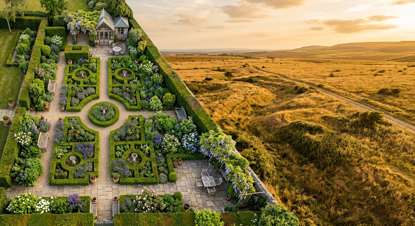 Aerial view contrasting a structured garden and open wilderness, Taurus earth sign vs Sagittarius fire sign