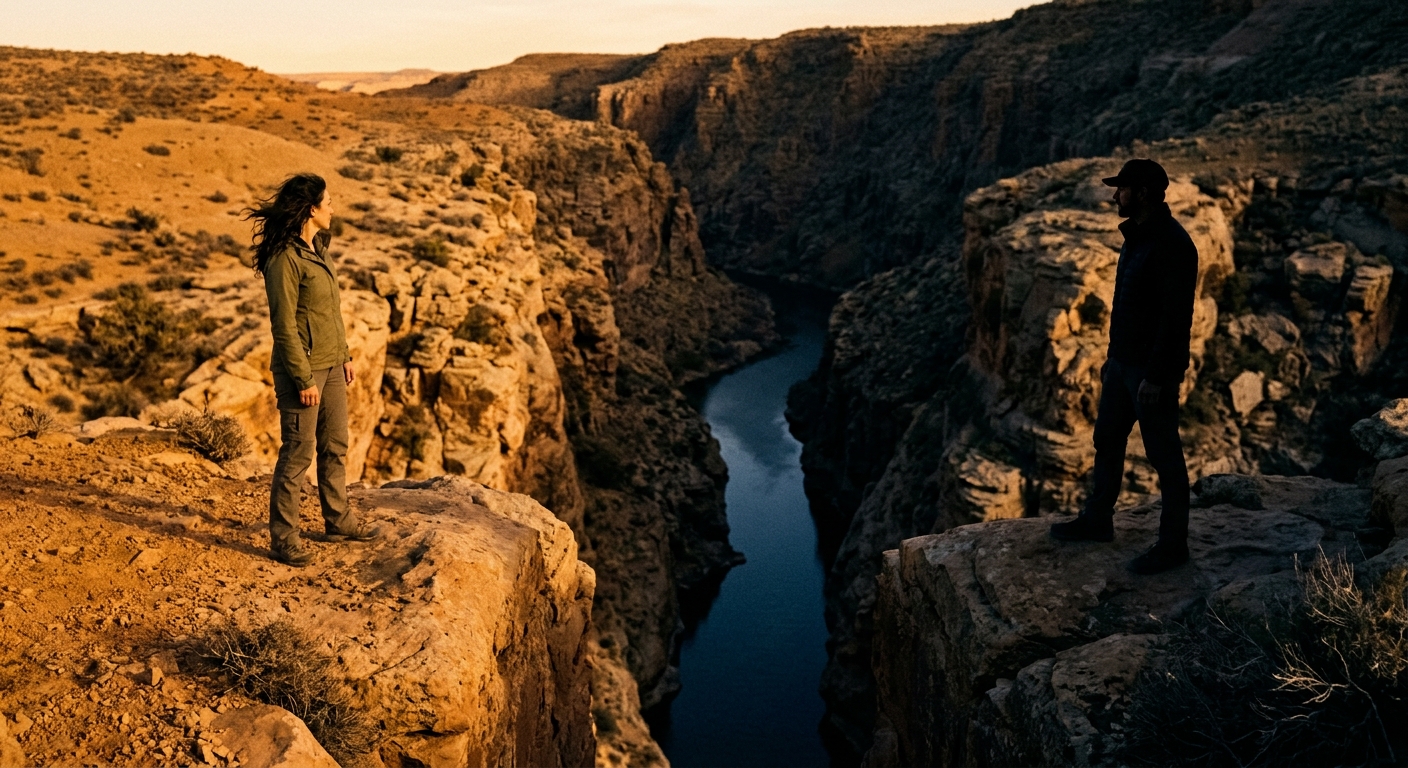 Taurus and Scorpio zodiac opposition shown as two figures across a canyon, Venus and Pluto energy