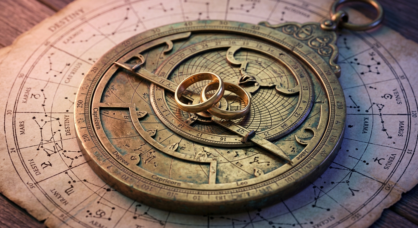 Macro close-up of brass astrolabe with intertwined rings symbolizing soulmate karmic connection