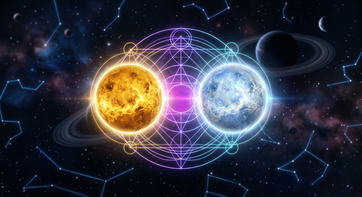 Synastry chart composite visualization with Venus and North Node glowing connections in deep space