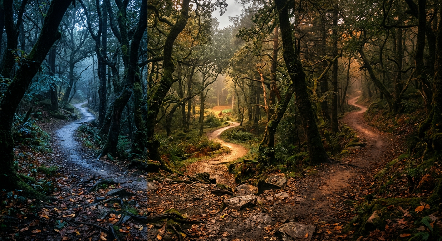 Three forest paths in mist representing karmic, soulmate, and twin flame soul connections