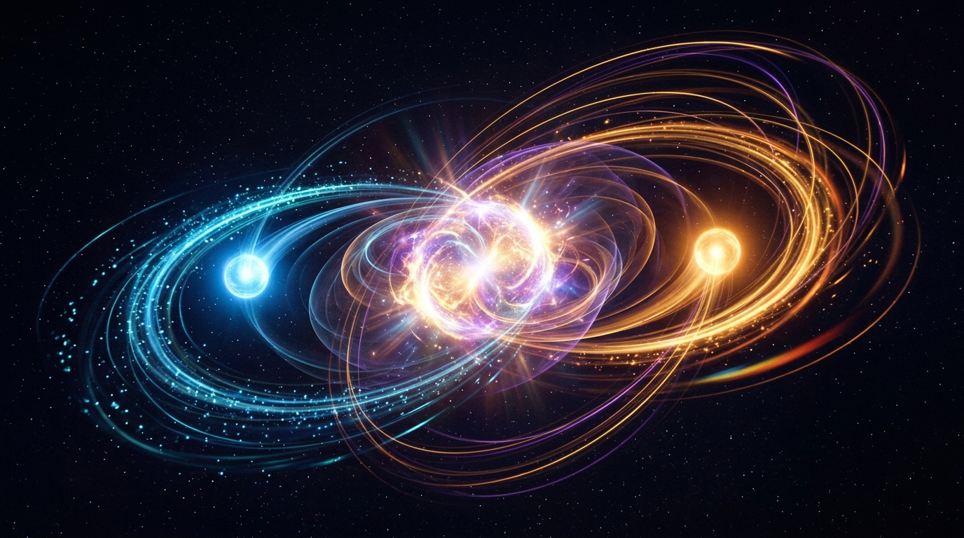 Two natal chart orbs merging into a composite chart midpoint entity in abstract flow art