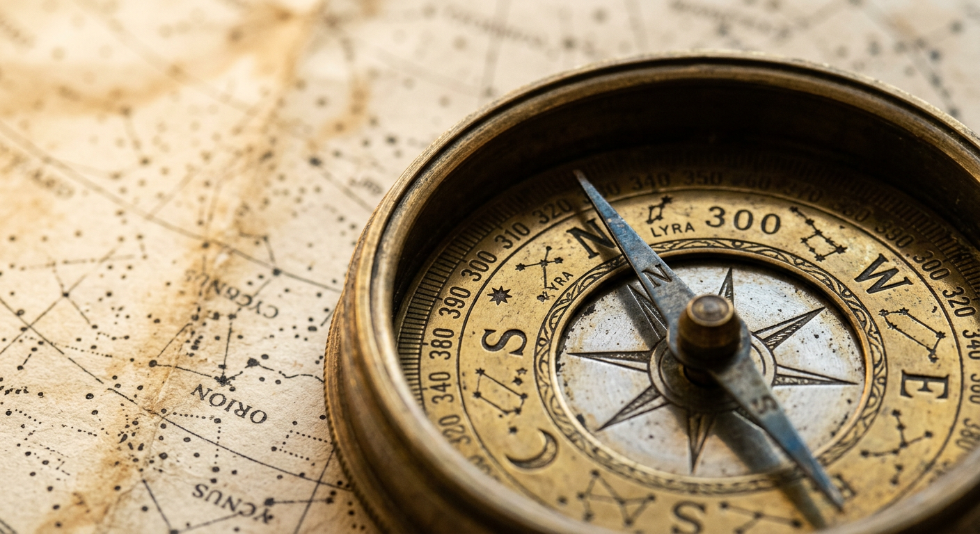 Macro shot of brass compass on star chart showing synastry aspects and zodiac degrees