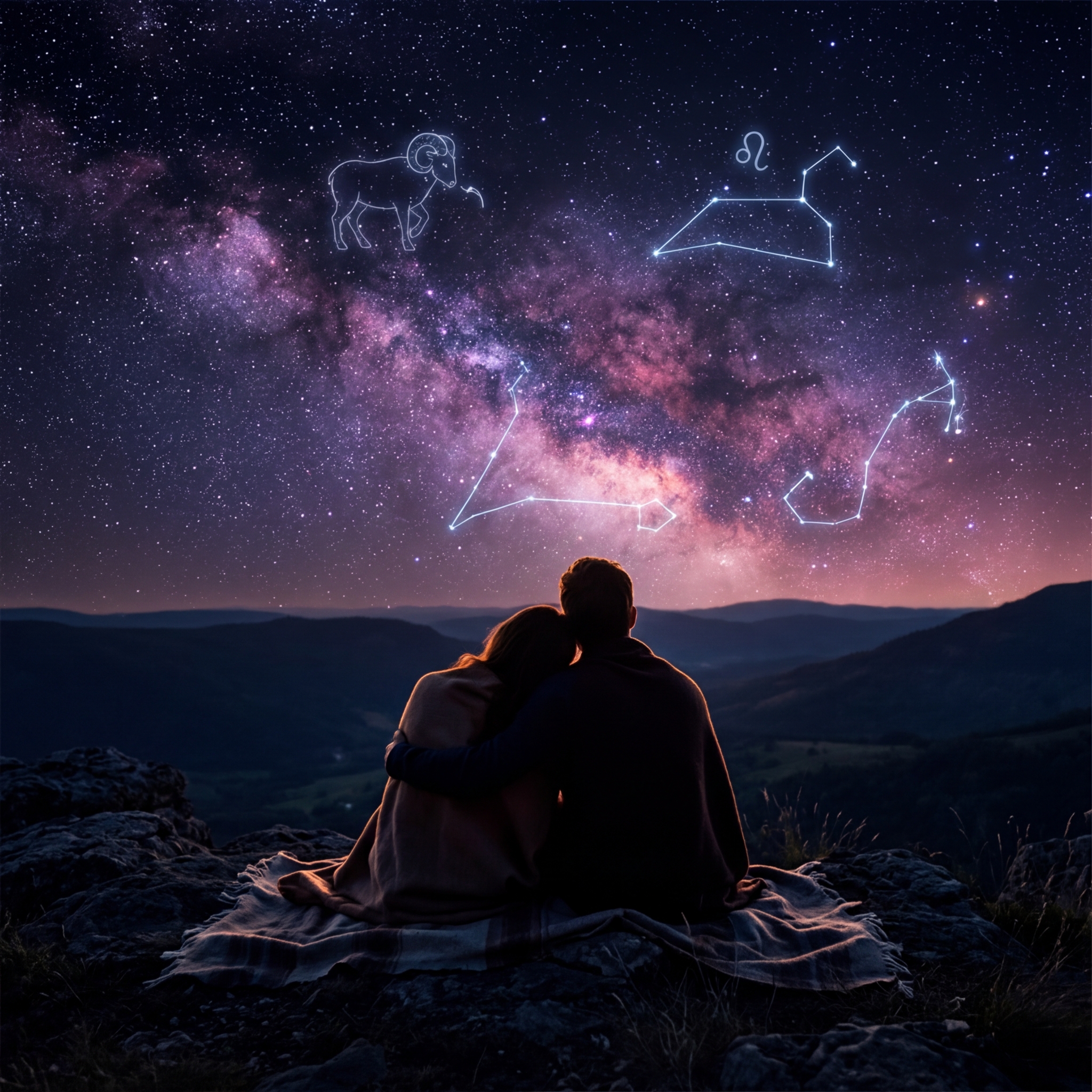 Couple under a starry night sky checking their love calculator compatibility result